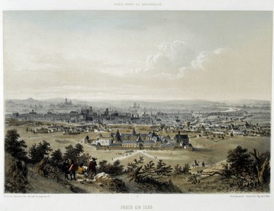 1620年のパリ、ショーモンの丘から見た全景-リトグラフ 作： Unknown artist
