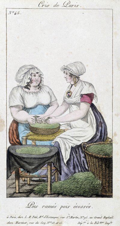 エンドウの商人：エンドウを流す2人の女性。"Row peas, Scottish peas" - "Cris de Paris", deb.19世紀 作： Unknown artist