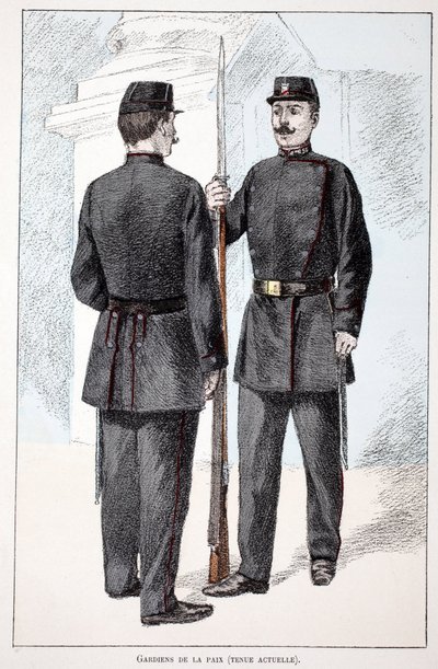 ピースキーパー（Lepine期）。アルフレッド・レイ(1864-?)とルイ・フェロン(1862-?)がセーヌ川の警察官だったルイ・ルピーヌ(1846-1933)の後援で出版した本「平和の戦士たちの歴史」の挿絵のためのカラー・エッチング。 作： Unknown artist