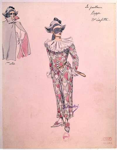 1892年のルッジェーロ・レオンカヴァッロ（1857-1919）のオペラ「パイレーツ」（パリアッチ、道化師）のハーレクインに扮したペッペの衣装。パリ、オペラ博物館付属図書館 作： Unknown artist