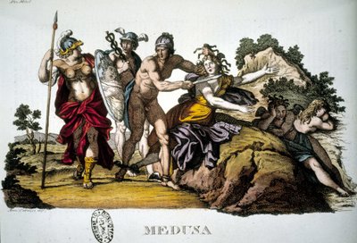 ペルセウスと3つのゴルゴーンの1つであるメドゥーサ - in Dizionario mitologico 作： Unknown artist