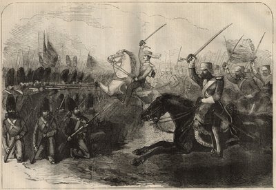 ペルシャ・アングロ（アングロ・ペルシャ）戦争（1856年～1857年）：2月8日のクーシュ・アブ（Koosh Ab, Kooshab）の戦いでのフォーブス大尉が指揮する第3英国インド騎兵隊の突撃 作： Unknown artist