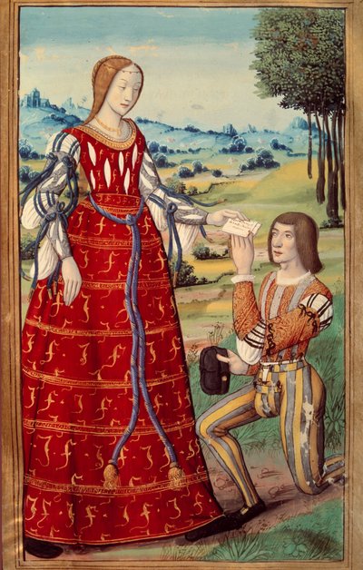 オクタヴィアン・ド・サン・ゲレ（1468-1502）の「オヴィドの英雄物語」の翻訳から、ミニチュアの使者に手紙を差し出すペドル（B.N. 作： Unknown artist
