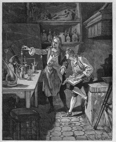 アンベールと化学実験をするオルレアン公フィリップ2世（1674-1723）。19世紀のエングレーヴィング。ジュール・ミシュレ著「フランス史」より 作： Unknown artist