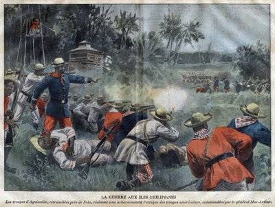 フィリピン・アメリカ戦争（Philippine Americano）-ポロ付近で断絶されたエミリオ・アギナルド軍は、マック・アーサー将軍が指揮するアメリカ軍の攻撃に激しく抵抗する-1899年の「ル・ペレラン」に掲載された刻印 作： Unknown artist