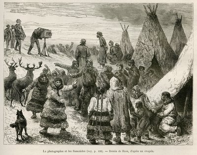 カボローバ地方（スウェーデン）の写真とサモイデ、リウが描いたもので、ノルデンスキョルド（Nordenskiold）教授（1832-1901）の物語を説明するためのもの。スウェーデン極地探検隊 作： Unknown artist