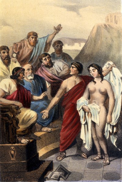 アテネの裁判官の前でのフリネ（ギリシャの宮廷女官）。 作： Unknown artist