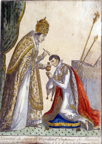 1804年12月2日、パリのノートルダム大聖堂で行われたフランス皇帝ナポレオン1世の戴冠式で、ピウス7世（ピオ）（1742-1823）がナポレオン1世に油を塗った - 19世紀の版画 作： Unknown artist