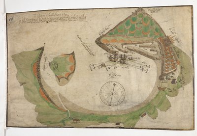 1585 年 6 月、リチャード ポールターが描いたサン セバスチャンの町と港の平面図 作： Unknown artist