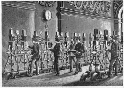 1888年、パリの証券取引所に設置された空気圧式郵便局。 作： Unknown artist