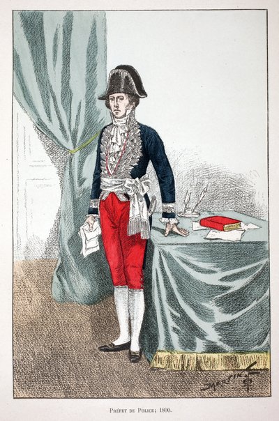 ポリス・プレフェット（1800）。アルフレッド・レイ(1864-?)とルイ・フェロン(1862-?)がセーヌ川の警察官だったルイ・ルピーヌ(1846-1933)の後援で出版した本「平和の戦士たちの歴史」の挿絵のためのカラー・エッチング。 作： Unknown artist