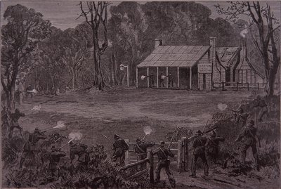 1880年6月28日、グレンローワン・ホテルでケリー・ギャングに発砲する警察（刻印 作： Unknown artist