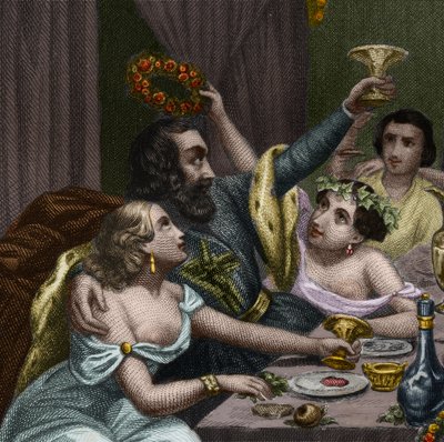 教皇アレクサンデル6世（1431-1503）（アレッサンドロ、ロドリゴ・ボルジア） ロドリゲ・ボルジアは、バチカンで50人の宮廷人とともに娘ルクレイス・ボルジア（ルクレツィア）の結婚を祝う。Histoire des popes: crimes, murders, poisoning, parrici」に掲載されている1842年のエングレーヴィング。 作： Unknown artist