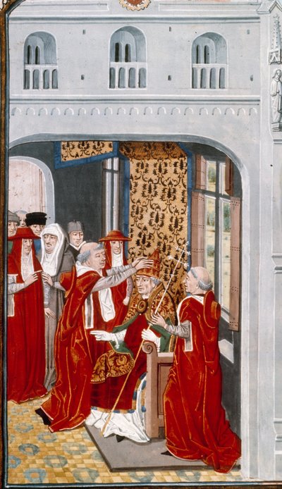 教皇グレゴワール11世（1329-1378）は、1370年にアヴィニョンを聖別しました。ジャン・フロワサール（1337-1400）作「年代記」のミニチュア 15世紀のパリ。B.N. 作： Unknown artist