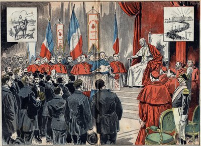 教皇レオン13世（1810-1903）は、ドイツが聖地におけるフランスの保護領を代替しようとしていたときに、その保護領を聖別した。10月8日の謁見 作： Unknown artist
