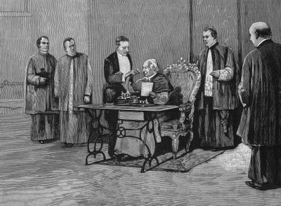 教皇レオン13世（1810-1903）は、蓄音機で録音した聖年のメッセージをアメリカ国民に送った。エングレーヴィング 19世紀 作： Unknown artist