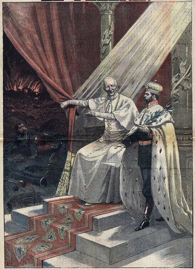 ローマ法王レオン13世（1810-1903）がロシア皇帝ニコライ2世（1868-1918）に戦争の悲惨さを説く。ニコライ2世は武装解除を提案する。9月11日付「ル・ペレラン」紙のイラスト 作： Unknown artist