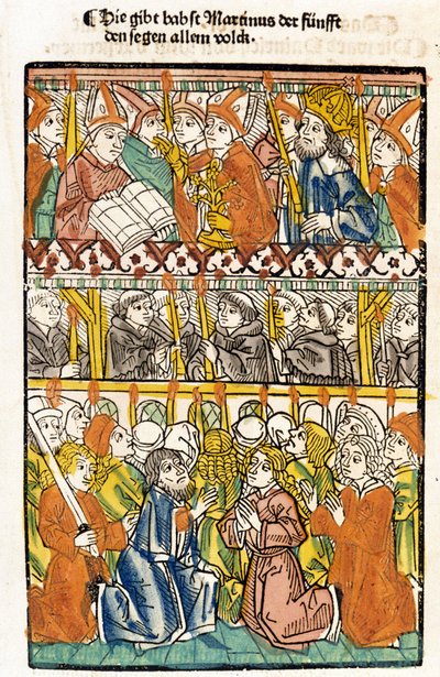 コンスタンツ公会議（1417年）で西欧の大分裂を終結させて選出された教皇マルティヌス5世（1368〜1431年）が祝福を行う。"Das concilium" 作： Unknown artist