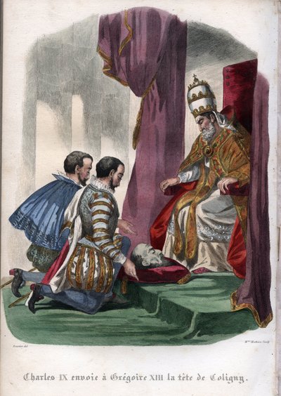 教皇グレゴリー13世（1502-1585）は、フランス王シャルル9世（1550-1574）からの贈り物として、1572年の聖バルトロメオの日の大虐殺で暗殺されたガスパール・ド・コリニー（1519-1572）の頭部を受け取る。 作： Unknown artist