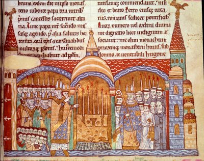 クリュニー修道院の祭壇の前に立つ教皇ウルバン2世（1042-1099）。彼は1088年にクリュニー修道院の特権と所有物を確認し、ヒューズ修道院に司教の装飾品の使用を告げる。クリュニー年代記のミナレット 作： Unknown artist