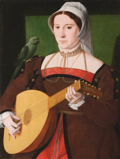 "Portrait de femme jouant du luth avec perroquet sur son epaule" (肩にオウムを乗せてリュートを演奏する女性の肖像) Peinture anonyme vers 1540 木に油彩、70x55 - Fondation Custodia 作： Unknown artist