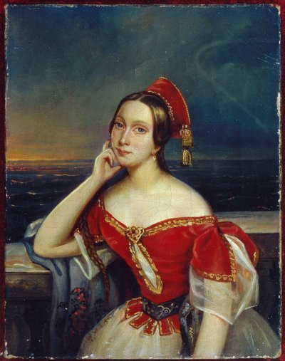 バレリーナ マリー タリオーニ (1804-1884) の肖像 (バレリーナ M. タリオーニの肖像)。 匿名の絵画、キャンバスに油彩。 19世紀の肖像画、ロマン主義。 State Central A. Bakhrushin Theatre Museum、モスクワ。 作： Unknown artist