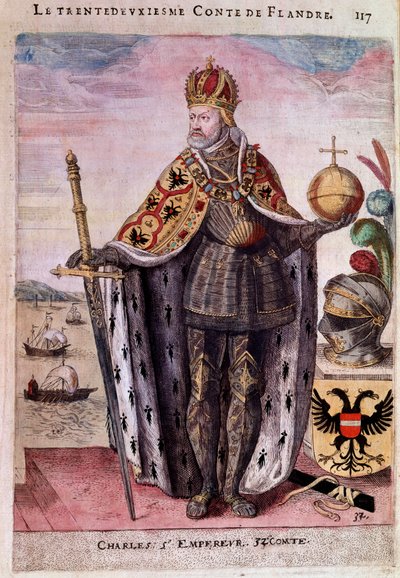 フランダース伯爵家のシャルル5世（1500-1558）の足元の肖像 16世紀のエングレーヴィング パリ、B.N. 作： Unknown artist