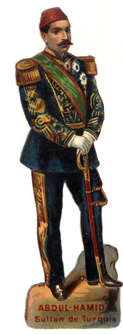 オスマン帝国（トルコ）のスルタン、アブドゥルハミド2世（Abd ul Hamid, Abd-ul-Hamid, Abdulhemit, Abdul Hamid, Abd al-Hamid, Abd al-Hamid）（1842年～1918年）の肖像。19世紀後半のクロモリトグラフ。個人蔵 作： Unknown artist