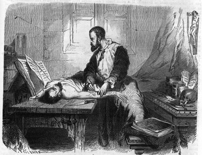 オランダの解剖学者アンドレ・ヴェザリウス（1514-1564）の肖像（ラテン語：Andrea Vesalius、オランダ語：Andries Van Wesel）。1866年に描かれた版画。 作： Unknown artist