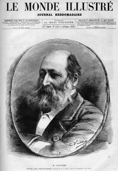 フランスの彫刻家・画家であるオーギュスト・クレサンジェー（1814-1883）の肖像。1883年「Le Monde illustrious」に掲載されたエングレーヴィング。個人蔵。 作： Unknown artist
