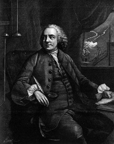 アメリカの哲学者、物理学者、大使であるベンジャミン・フランクリン（1706-1790）の肖像。(古い版画から）。)3月31日の「La Nature: revue des sciences et de leurs applications aux arts et a l