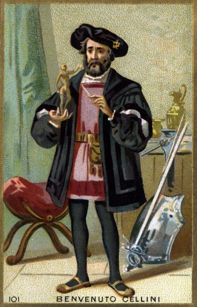イタリアの金細工師・彫刻家、ベンヴェヌート・チェッリーニ（1500 - 1571）の肖像。19世紀のクロモリトグラフ。 作： Unknown artist