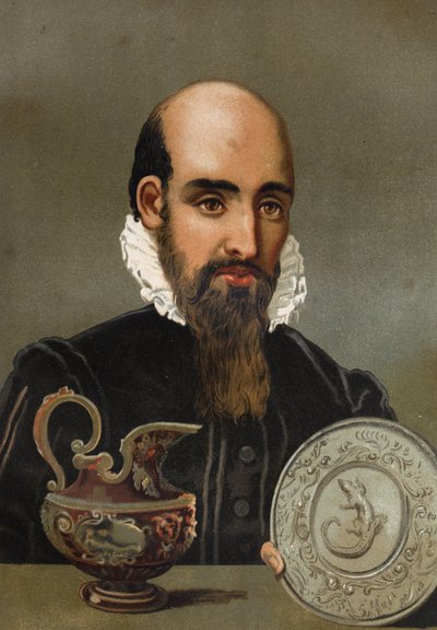 ベルナール・パリシー（1510 - 1589）の肖像。ルイ・フィギエの "La Ciencia y sus Hombres "を基にした19世紀末のクロモリトグラフ。バルセロナ 1881年 作： Unknown artist