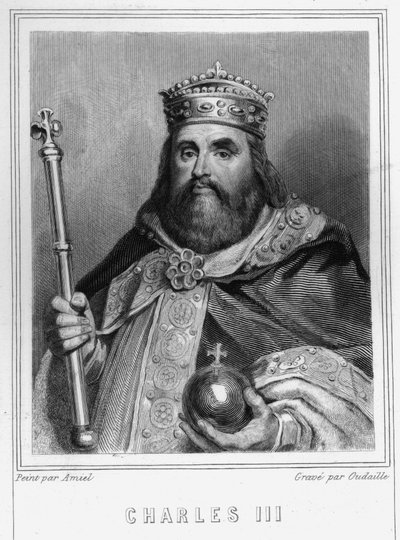 西方皇帝（881年〜887年）、フランスの摂政（884年〜887年）であったシャルル3世（839年〜888年）の肖像 - ラヴァレの『フランス史』に掲載されている、エングレーヴィング、sd. 作： Unknown artist