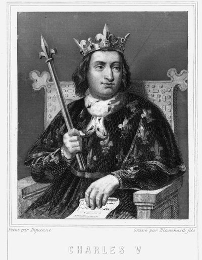 フランス王シャルル5世（1338年〜1380年）の肖像-ラヴァレの『フランス史』に掲載、エングレーヴィング、SD。 作： Unknown artist