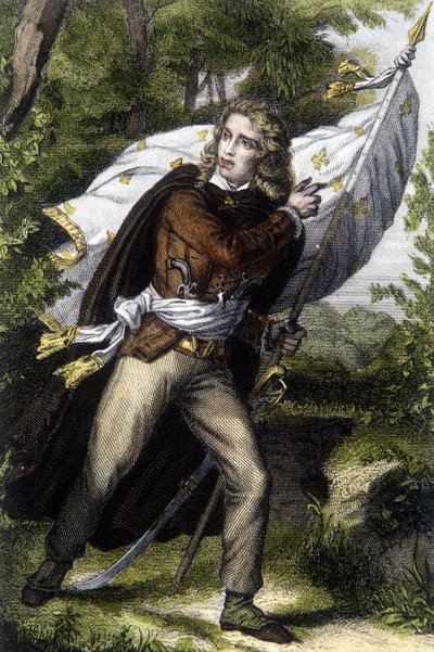 シュアン料理長ジャック・カテリノー（1759-1793）の肖像 ユリの花が描かれた旗を持つ 作： Unknown artist