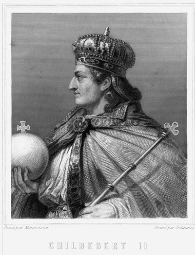 アウストラシア王チルデベール2世（v.570-596）の肖像 - ラヴァレの『フランス史』に掲載された彫刻、sd. 作： Unknown artist