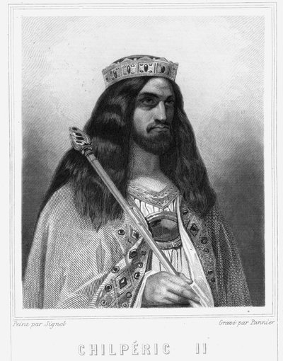 ネウストリア王チルデリック3世（v.670-721）の肖像 - ラヴァレの『フランス史』に掲載されている、エングレーヴィング、sd. 作： Unknown artist