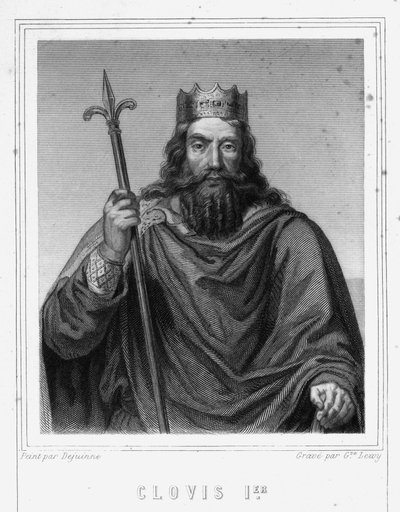 フランシスコの王クローヴィス1世（v.466-511）の肖像-ラヴァレの『フランセーズ・ヒストワール』に掲載されている、エングレーヴィング、sd. 作： Unknown artist