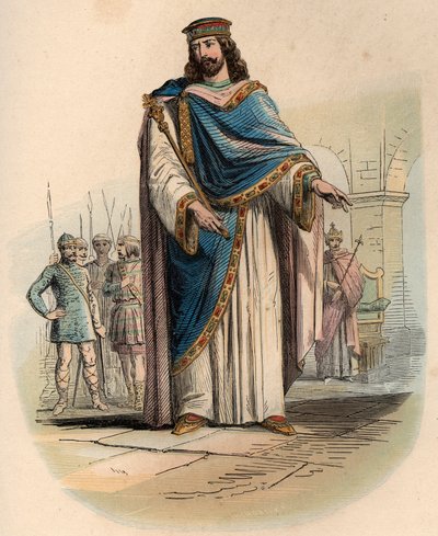 フランク王国の王、クローヴィス1世（466〜511年）の肖像。テオドール・ジュスト（1818-1888）の「原始時代からレオポルド1世の時代の終わりまでのベルギーの歴史」に掲載された1868年の版画。個人蔵。 作： Unknown artist