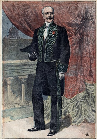 フランスの政治家、エッセイスト、軍人であるアルベール・ド・ムン伯爵（1841-1914）が1898年3月10日にアカデミー・フランセーズに入学したときの肖像。3月20日付「ル・ペレラン」紙に掲載されたイラスト 作： Unknown artist