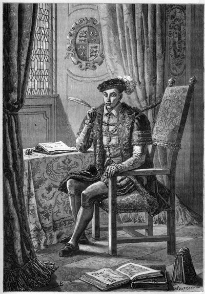 エドワード6世(1537-53)の肖像 - 日記を書くイングランド・アイルランド王エドワード6世(1537-1553)の肖像 - フランソワ・ギゾー1877年の「L