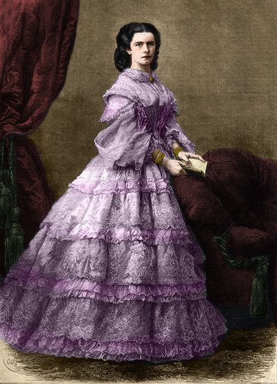 エリザベート・ドゥ・ヴィッテルスバッハ（1837-1898）の肖像（シシィ）、オーストリアのインプレス（1854-1898）とハンガリーの女王（1867-1898）、旧バビエ公爵夫人。(EMPRESS ELISABETH OF AUSTRIA）.1864年のエングレーヴィング。プライベート・コレクション。 作： Unknown artist