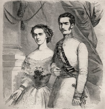 オーストリア皇帝フランソワ・ヨーゼフ（Francois Joseph）1世（1830-1916）とその妻エリザベート・オブ・ヴィッテルスバッハ（1837-1898）（sissi）の肖像。1857年の「Le Monde illustrious」に掲載されたエングレーヴィング。個人蔵。 作： Unknown artist
