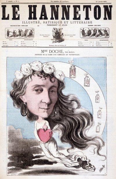 1852年にアレクサンドル・デュマ（息子）が執筆した「La Dame aux camélias」のヴォードヴィル劇場でカバーをかけて遊ぶウジェニー・ドクの肖像。Le Hanneton』1月23日付 作： Unknown artist