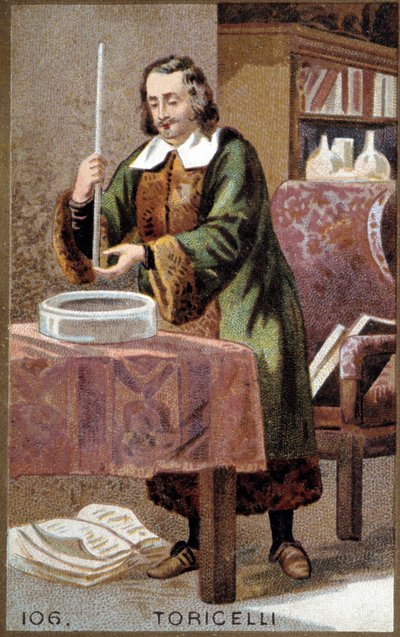 イタリアの物理学者、エヴァンゲリスタ・トリチェリ（1608-1647）の肖像。彼が発明した気圧計（水銀管）を持っている。 作： Unknown artist