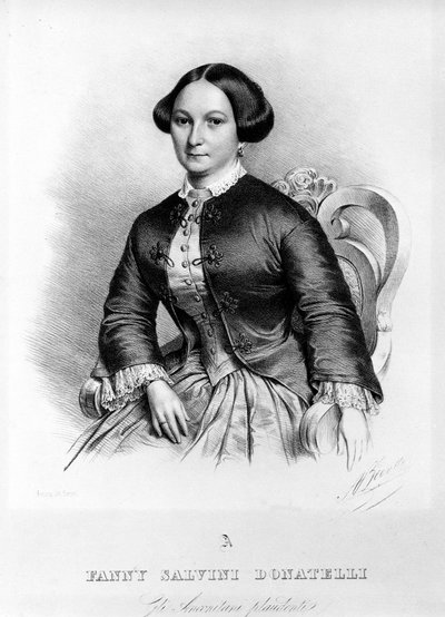 1853年にジュゼッペ・ヴェルディの「椿姫」の初代ヴィオレッタを演じた歌手、ファニー・サルヴィーニ・ドナテッリの肖像。 作： Unknown artist