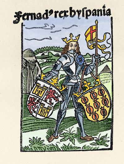 ちょうどアラゴン王フェルディナンド1世（1380-1416）のスペイン王の肖像。De insulis in mare Indico super inventis", Bale 1493-1494 (コロンブスのスペイン王への報告書のラテン語訳)からのエングレーヴィング。 作： Unknown artist