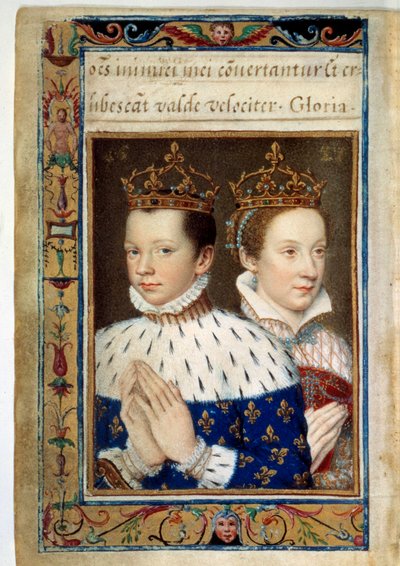 フランソワ2世(1544-1560)とマリー・スチュアート(1542-1587)の肖像 フランス王と王妃 カトリーヌ・ド・メディシス(カテリーナ・ド・メディチ)の時祷書」の手稿ページ 16世紀 パリ、B.N. 作： Unknown artist