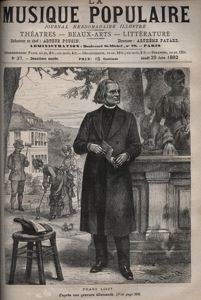 フランツ・リスト（1811-1886）の肖像（フランツ・リスト、ハンガリーの作曲家、ピアニスト、指揮者）著名な週刊紙「ポピュラー・ミュージック」に掲載された彫刻 - 1882年 作： Unknown artist